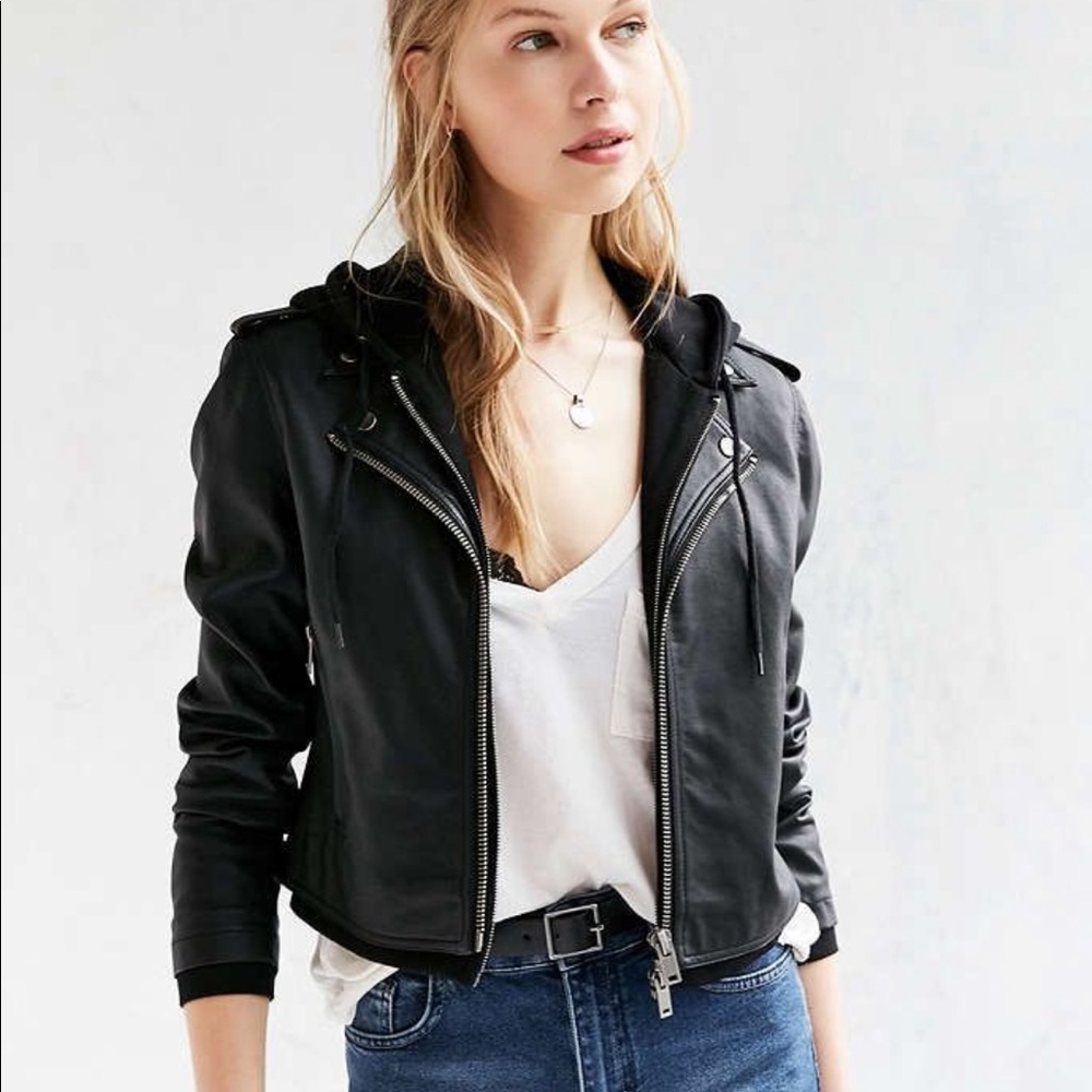 Silence + Noise Black hooded leather jacket